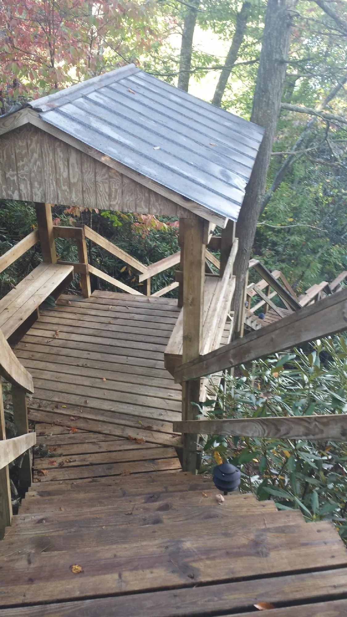 Metal roofed shelter over wooden steps on a wooded walkway — Skylight Repair & Installation work by our crew in Fleischmanns